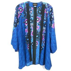 Bob Mackie Wearable Art Kimono Cardigan Coverup Top XL Blue Floral Open Front